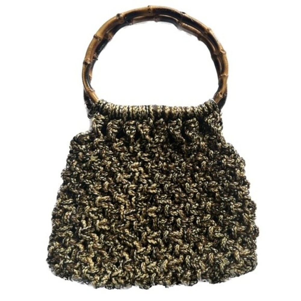 Vintage Macramé Thick Crochet Style Bamboo Handel Jute Bag Beachy Boho Hippie
